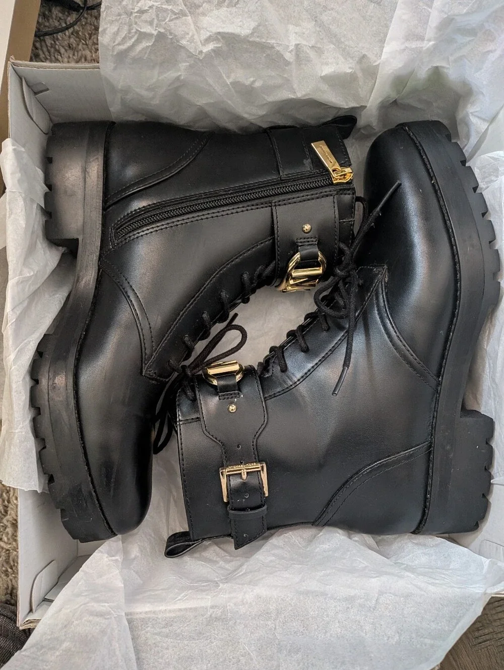 Michael Kors Black Leather Combat Boots with Gold MK Accent Size 9